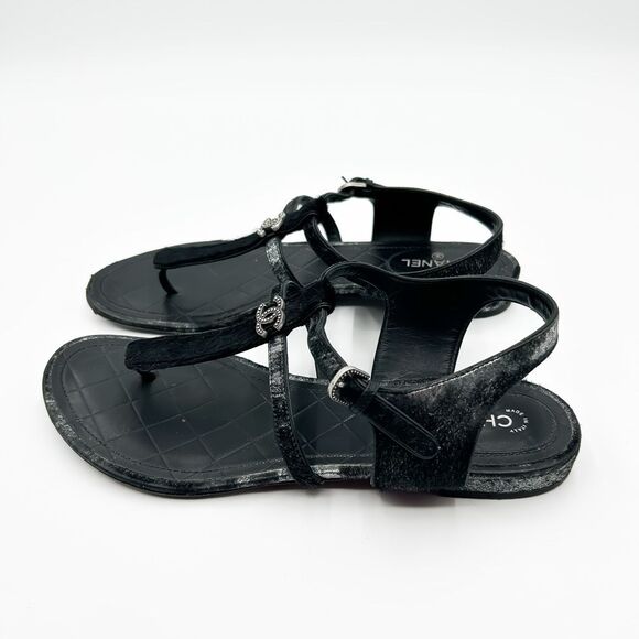 Chanel CC Logo Sandals Black Suede and Calf Hair Metallic Flats Size Eu 39 US 8- - Picture 6 of 11